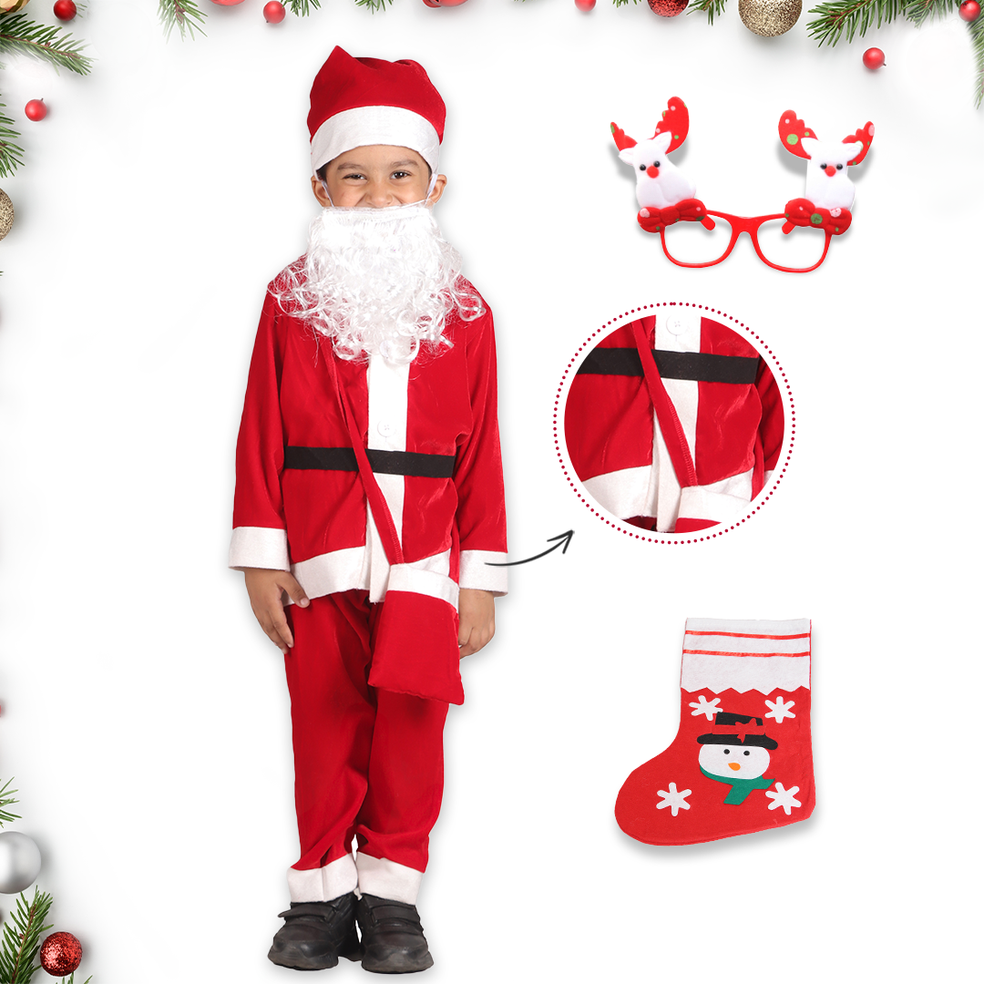 Itsmycostume Santa Costume Outfit for Kids With Jacket Pant Santa Cap Gift Pouch Belt,Beard &Hanging Stocking ,Red