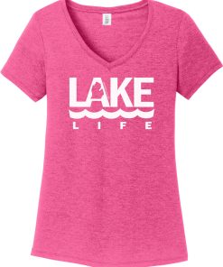 Lake Life Women’s Pink Michigan V-Neck T-Shirt Tee